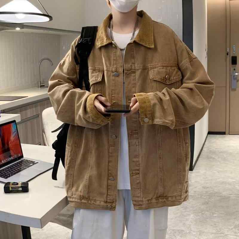 メンズ ジャケット アメリカン レトロ デニム ワーク オーバーサイズ ルーズ 秋用 ウォッシュド ヴィンテージ コットン混紡 カジュアル アウター 長袖 スタンドカラー シングルブレスト 耐久性 ツートン 直裾 サイドポケット 香港風 ストリート ファ