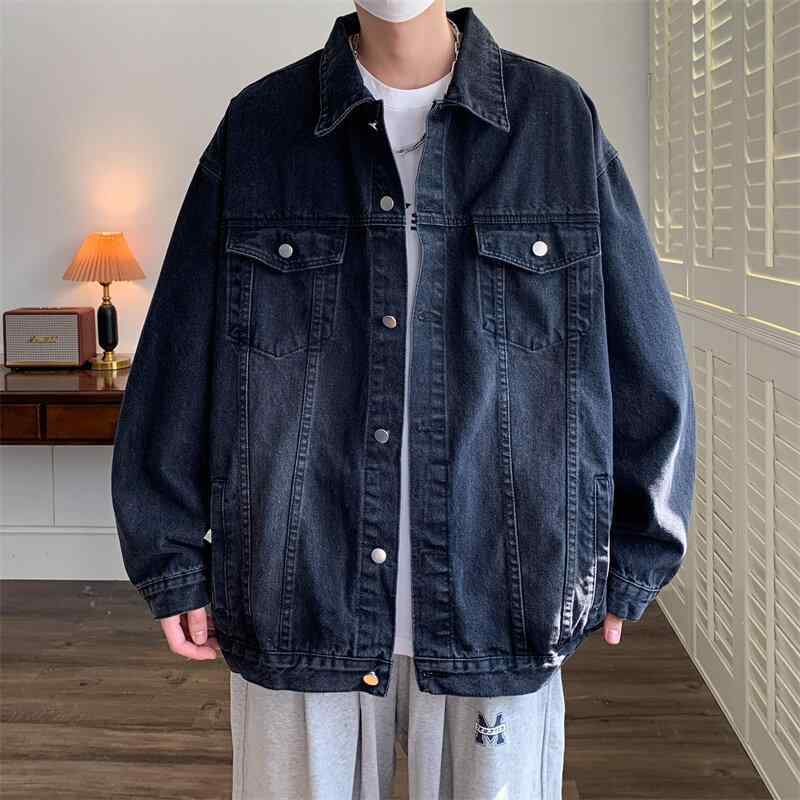 ジャケット 男性用 デニム 春秋 ヴィンテージ ラペル ワーク アウター カジュアル ルーズフィット 防風 コットン 無地 コントラストカラー 長袖 ウォッシュ加工 側面ポケット 直線裾 韓国風 青年向け