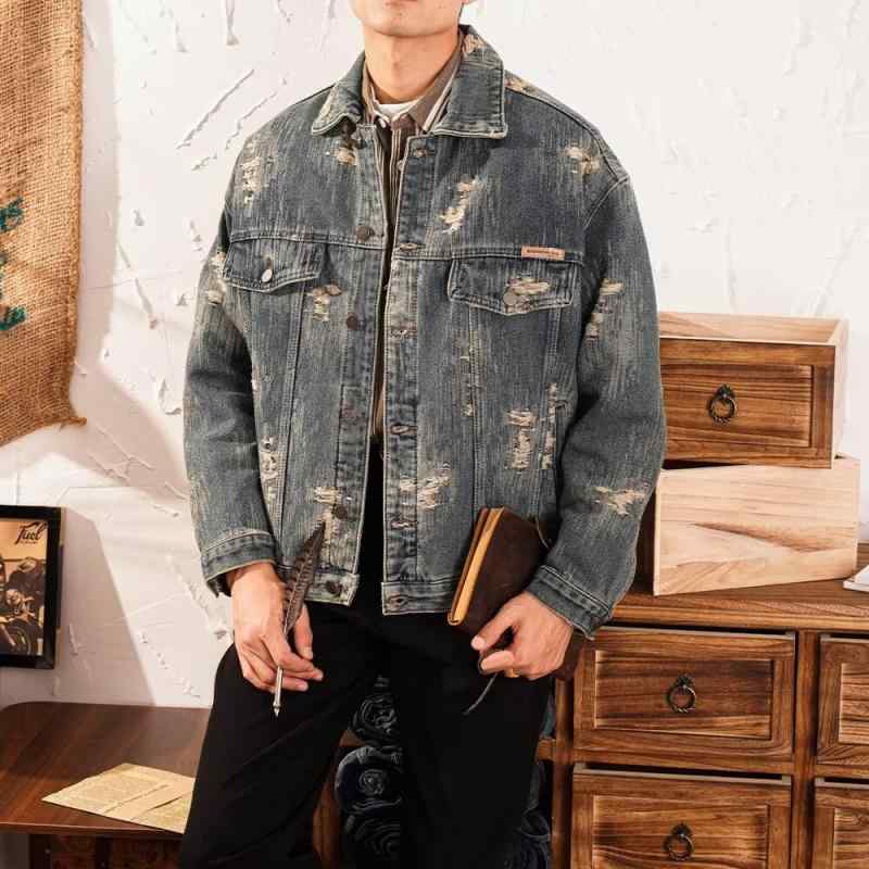 メンズ ジャケット ヴィンテージ デニム 春秋 ルーズフィット スタンドカラー シングルブレスト 長袖 青 日常使い ポリエステル混 刺繍 ボタン装飾 側ポケット 直裾 4,222円