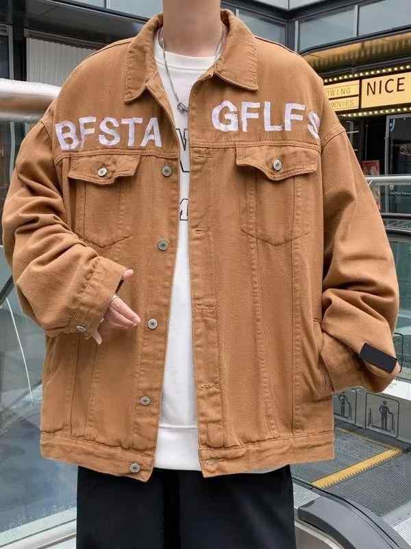 メンズ デニム ジャケット ブラック 秋用 カジュアル ルーズフィット レトロ アメリカンスタイル 長袖 プリント ポリエステル混紡 日常使い 軽量 ストレッチ
