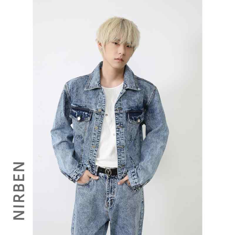メンズ デニム ジャケット パンツ セット レトロ ショート丈 ゆったり ストレート ウォッシュド ブルー コットン混紡 春秋 普段使い カジュアル アウター ジーンズ ルーズフィット
