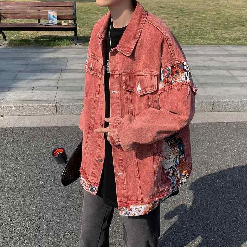 メンズ デニム ジャケット ゆったり シルエット 切り替え デザイン アメリカン レトロ 秋 カジュアル ピンク ポリエステル 混紡 長袖 スポーツ 日常使い ノーカラー 単ボタン 丸ヘム