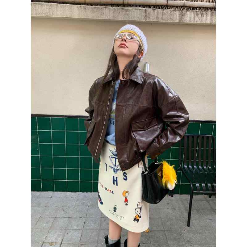 レディース　ファッション　オシャレ　海外　モダン　アーバン 美 秋 プロジェクト メイラード 立体 ポケット ブラウン マットレザー ショート ジャケット 発表