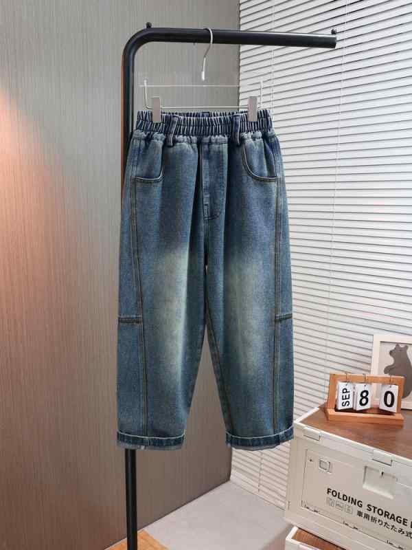 パンツ キッズ 男の子 中大児童 春秋 デニム ロングパンツ ソフト 綿混 再生繊維 ブルー カーゴ スタイル ゆったり ストレート ミッドライズ ゴムウエスト カジュアル 普段使い