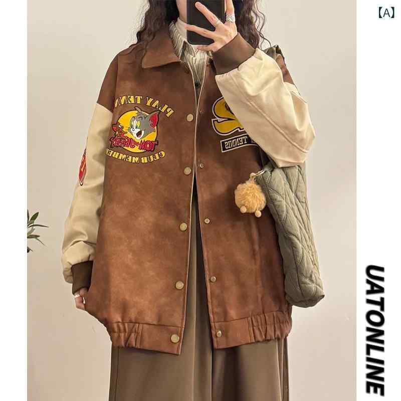 レディース ファッション　レディース　大歳　おしゃれ 秋 アメリカン レトロ 刺繍 カラー ブロック Pu レザー 野球 ジャケット レディース