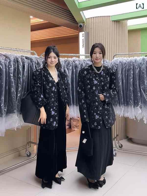 Vネック 花柄 スーツ ジャケット レディース 秋 フレンチ スリム トップ
