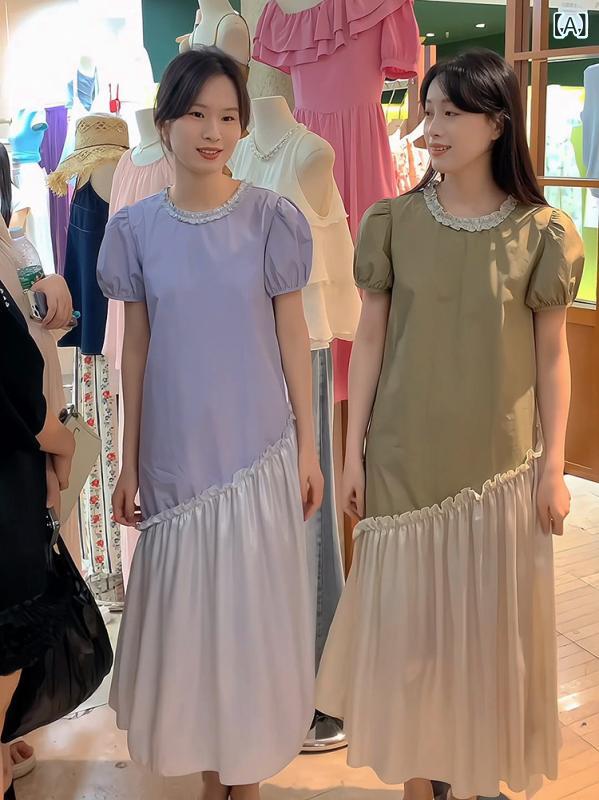 真 側面編み目 パフスリーブドレス レディース 夏 フレンチ ロング スコート ちびっ子