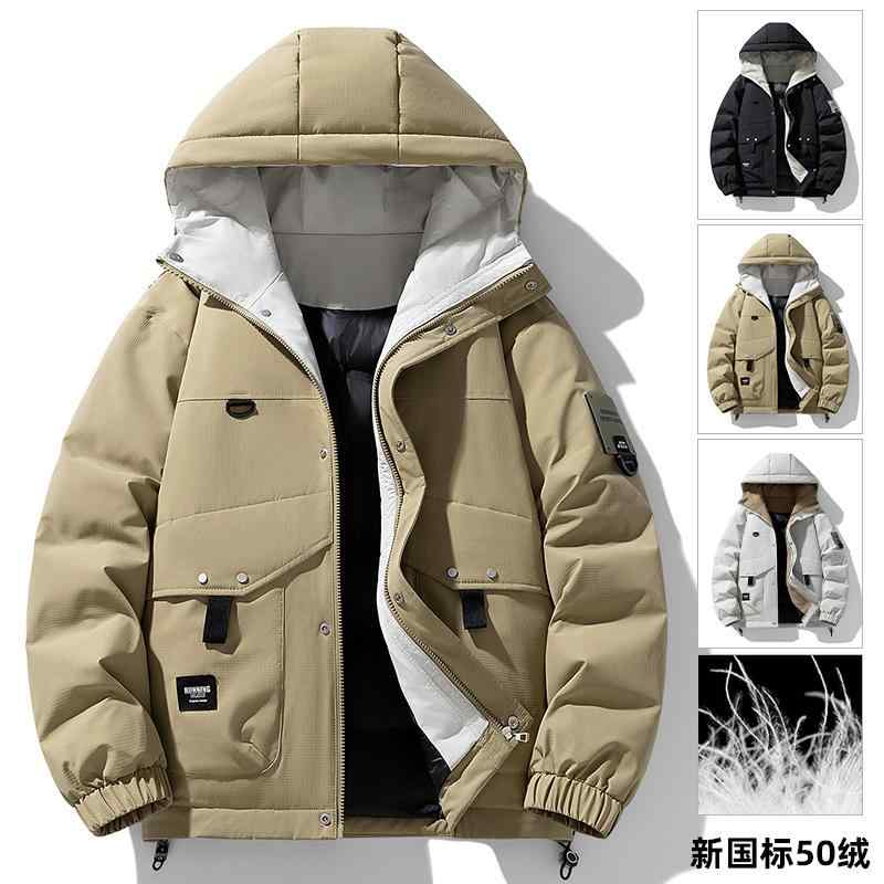 ダウンジャケット メンズ 冬 フード付き ワークスタイル 多ポケット アウトドア 登山服 防寒保暖 通気性 防風 耐寒 ポリエステル 白鴨ダウン 高充填 ルーズフィット ミドル丈 ジップアップ ブラック アイボリー キャメル｜shop I.D.H