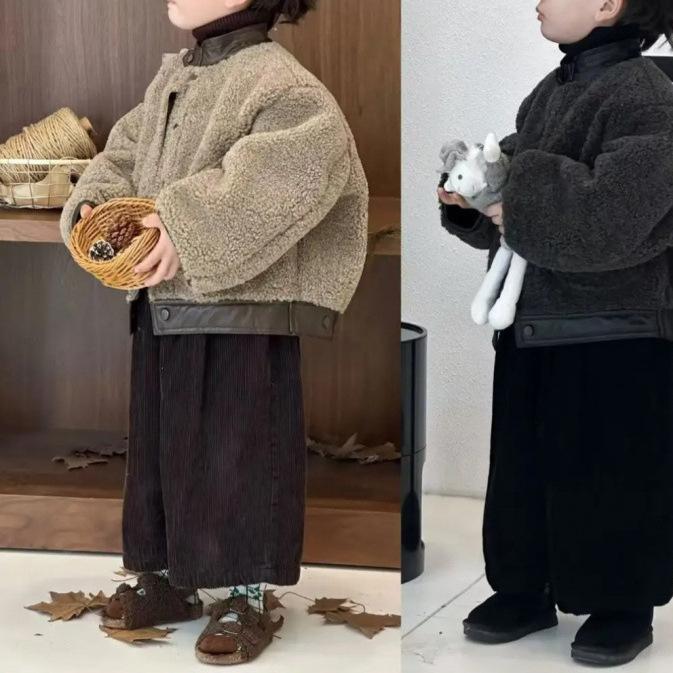 男の子用 冬 厚手 セット ラムウール ジャケット コーデュロイ ロングパンツ カジュアル ストライプ柄 再生繊維 暖か素材 普段使い 長袖 伸縮性