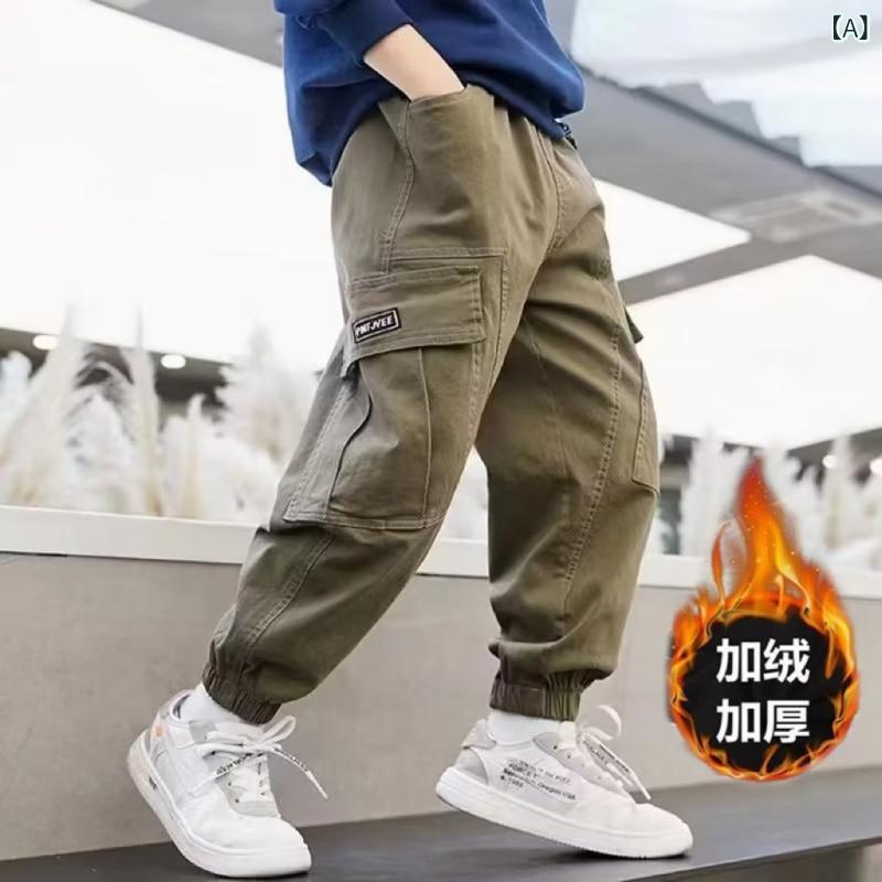 ズボン キッズ 秋冬 暖か 綿 ゆったり ワークパンツ ミッドライズ ゴム腰 レタリング 英国風 トレンド 中性 長ズボン 柔らか シワ耐性 ブラウン ブラック