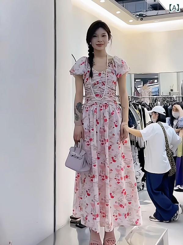 パフスリーブ 花柄 ドレス レディース 夏 フレンチ プリーツ スリム ロング スカート