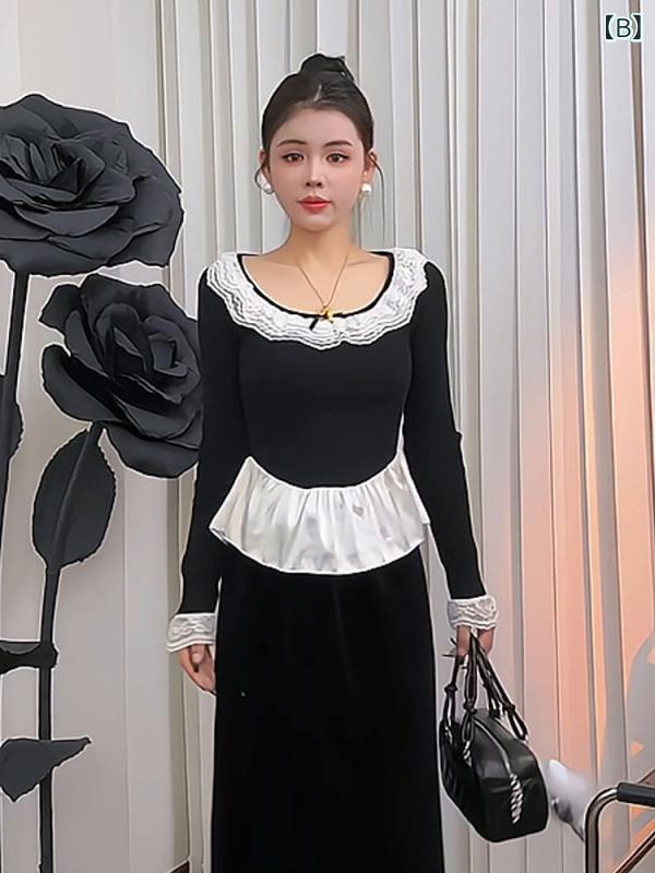 レース スプライシング 長袖 Tシャツ レディース 秋冬 フレンチ ハイウエスト スリム トップ