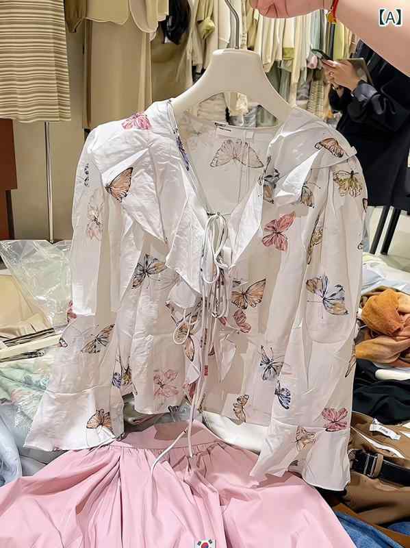 蝶 プリント フリル Vネック シャツ レディース 春 フレンチ プチトップ