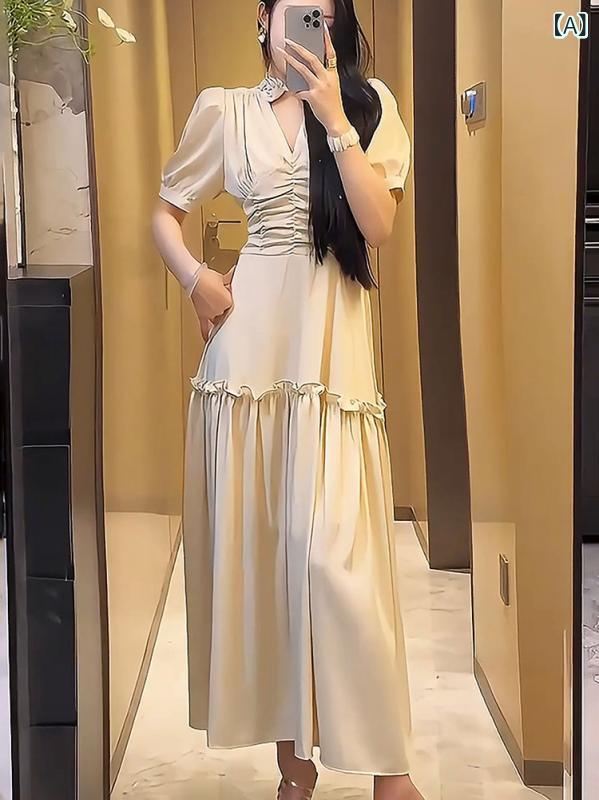 ハイエンド Vネック ドレス レディース 夏 フランス プリーツ ウエスト 小柄 ロング スカート