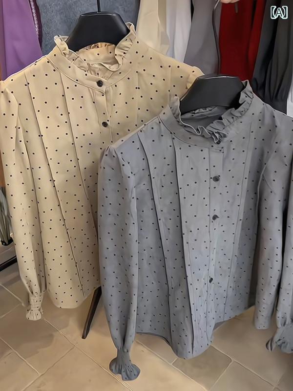 フリルスタンドカラー ポルカドット シャツ レディース 秋冬 フレンチシック プチトップ