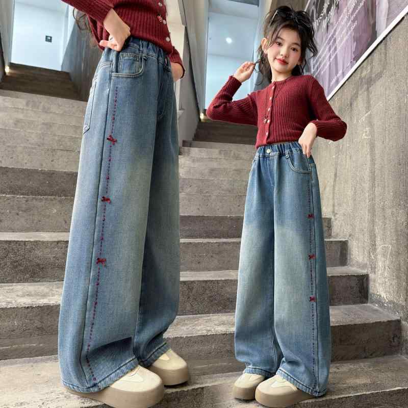 キッズ 女の子 ゆったり ワイドレッグ ジーンズ ハイウエスト ロングパンツ デニム 綿混素材 柔らかい 無地 ブルー 春秋 普段使い 伸縮性