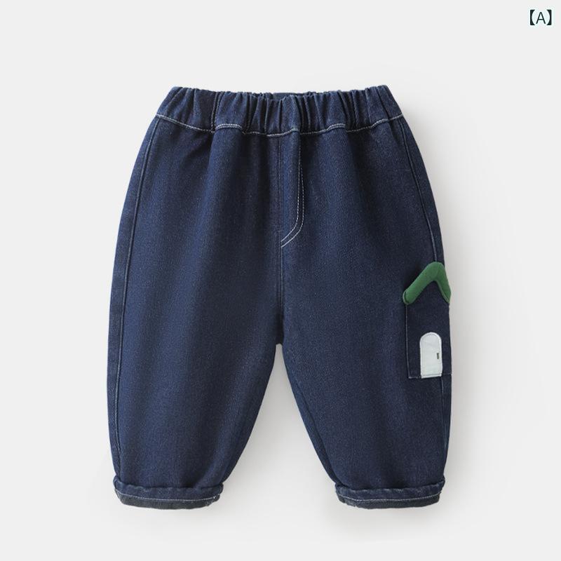 キッズ デニムパンツ 秋冬用 暖か 起毛 ロングパンツ 男の子 女の子 ユニセックス カートゥーン柄 デニムブルー ポリエステル混紡 ベビー対応 日常使い カジュアルスタイル