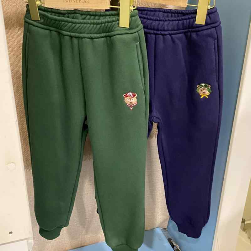男の子 冬用 綿 ニットパンツ 保暖 加絨 カジュアルパンツ 動物柄 カートゥーン柄 高腰 ゴムウエスト グリーン ネイビー 普段使い 暖か 伸縮性