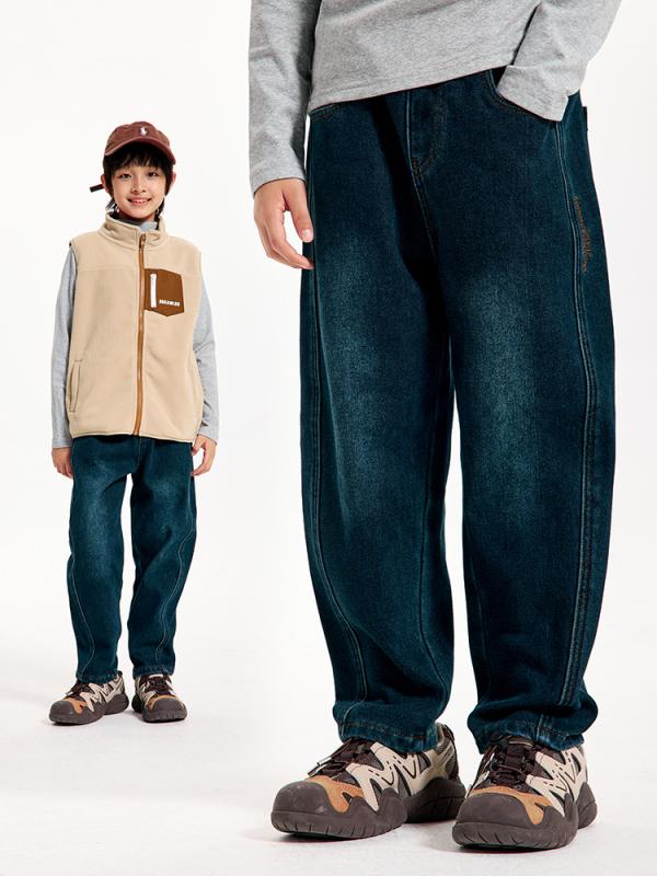 キッズ デニムパンツ 男の子 女の子 秋冬 綿素材 ストレートレッグ ロング丈 カジュアル 韓国風 暖かフリース裏地 柔らかい生地 ブルー 普段使い ミッドライズ 親子おそろい トレンド