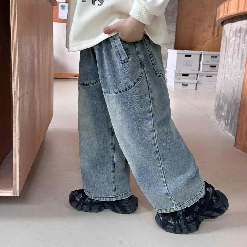 デニムパンツ 男の子用 カジュアル ロングパンツ 子供服 綿素材 柔らかい 伸縮性 純色 ブルーグレー 中腰 春秋 日常使い