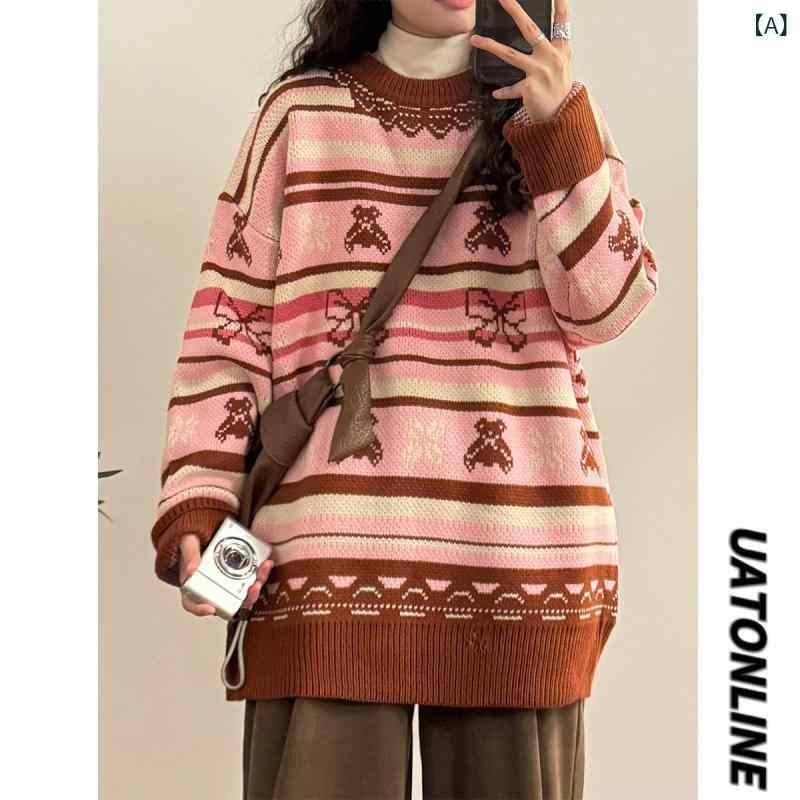 レディース ファッション　レディース　大歳　おしゃれ 冬 アメリカン レトロ ボウ ジャカード ラウンドネックプルオーバー セーター レディース