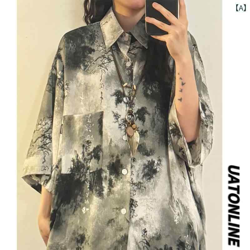 レディース ファッション　レディース　大歳　おしゃれ 24 夏 アメリカン レトロ ナショナル 中華風水墨画 プリント 半袖 シャツ レディース