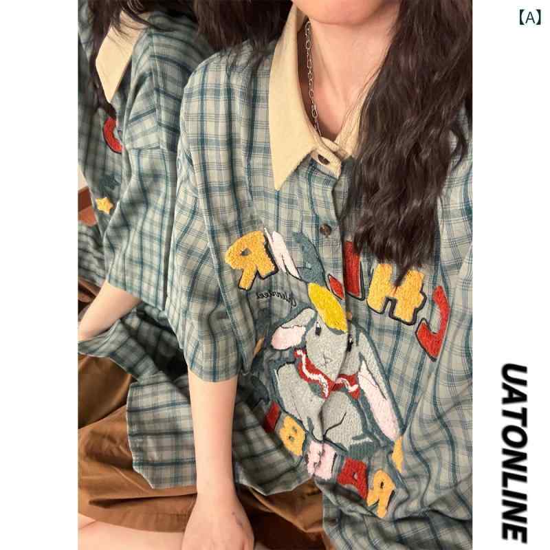 レディース ファッション　レディース　大歳　おしゃれ 夏 アメリカン レトロ チェック柄 タオル 刺繍 半袖 トップ シャツ レディース