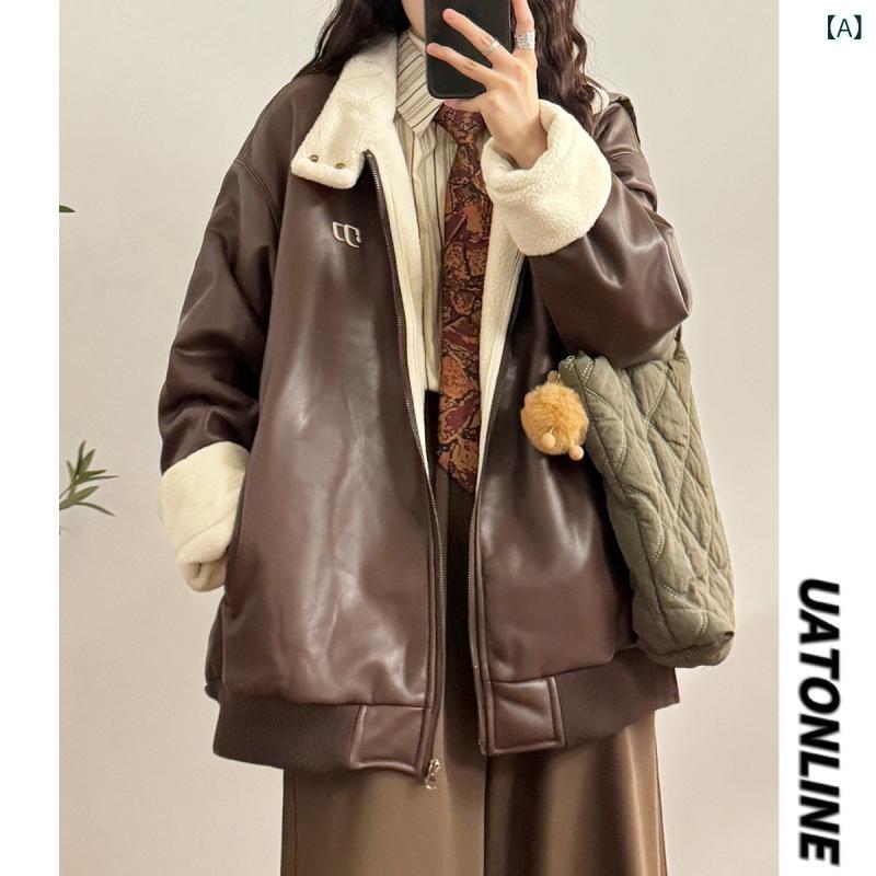 レディース ファッション レディース 大歳 おしゃれ 冬 アメリカン レトロ 暖かい ラムウール Pu レザー 服 コットン ジャケット レディースファッション