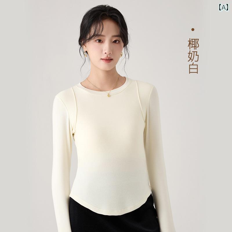 秋冬 レディース 長袖Tシャツ 胸パッド付き インナー ブラ不要 テンセル羊毛混 伸縮素材 シンプル スリムフィット 接触冷感 吸湿速乾 コットンライク 普段使い 部屋着 アウトドア ブラック グレー ブラウン アイボリー
