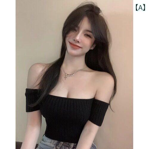 韓国ファッション レディース 魅惑的 ワンショルダー セーター サマー シック ハイウエスト ショート クロップ トップ 半袖 Tシャツ