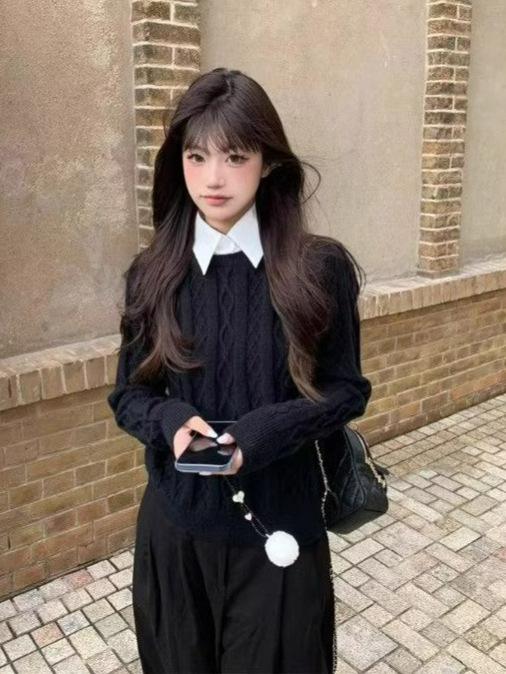 レディース ニットセーター 黒 長袖 フェイクツーピース 切り替え ケーブル編み ポロ襟 スリム効果 秋冬 韓国風 カジュアル 無地 中厚 インナー用 ベースレイヤー トップス セーター コントラストカラー 普通丈 ニット素材(x2)