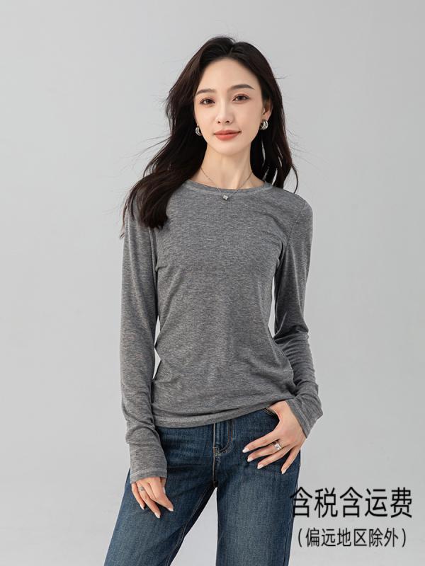 レディース 秋 丸首 長袖 Tシャツ ベースレイヤー カジュアル ルーズフィット テンセル 羊毛 混 グレー 伸縮性 ロング丈 日常使い 軽量 柔らかい 着心地 良い トップス