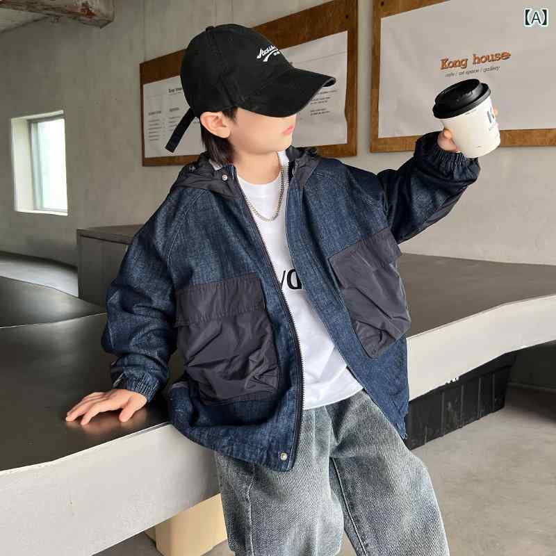 メンズ　ファッション　韓国ファッション　オシャレ　韓国 子供服 男児 ジャケット 春秋中 大型 子供用 秋 秋服 デニム 継ぎ ウインドブレーカー