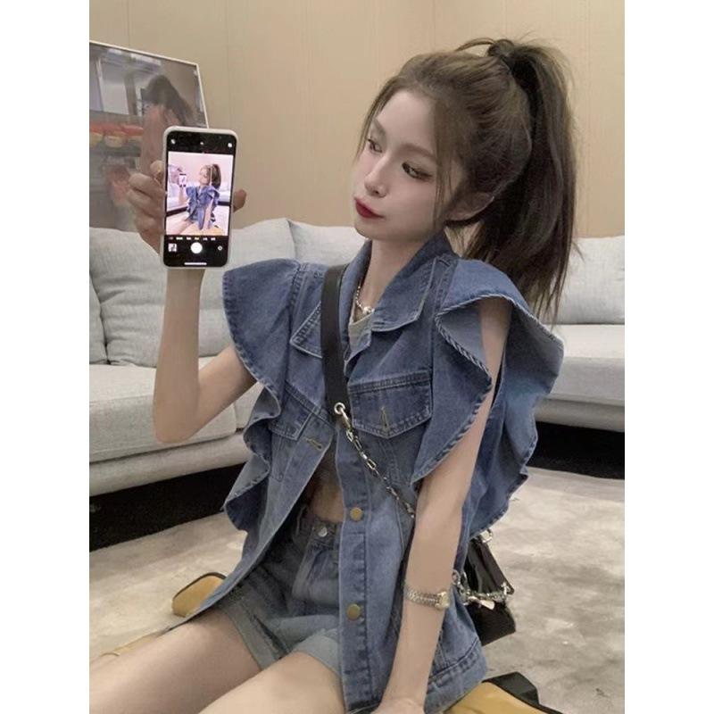 ベスト レディース デニム ショート丈 ノースリーブ ゆったり ルーズ レトロ ヴィンテージ 欧米風 春夏 ジレ アウター 羽織り カジュアル 普段使い 綿 コットン トップス