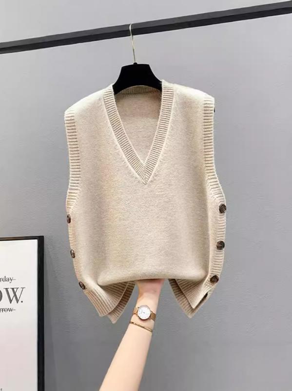 ベスト レディース 韓国風 Vネック ニット ジレ プルオーバー ゆったり シルエット 体系カバー 無地 切り替え ポリエステル オフィス カジュアル 通勤 秋冬春