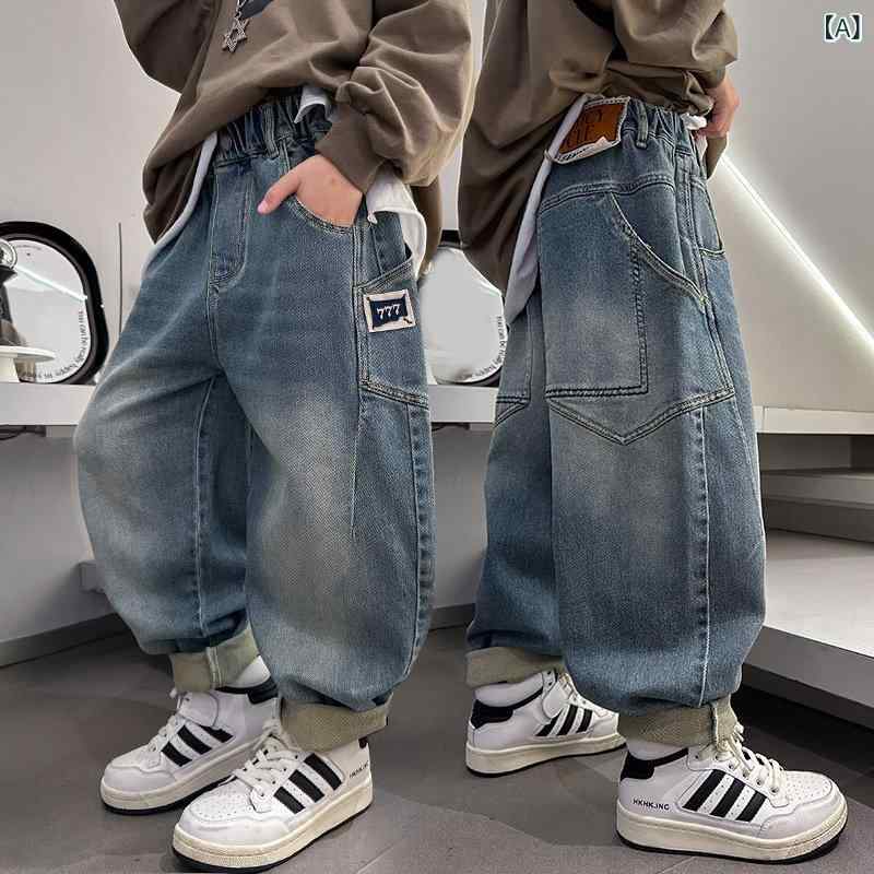 メンズ　ファッション　オシャレ　韓国 男子 パンツ 春秋 中型 大型 子供用 カジュアル ラベル ソフト ジーンズ