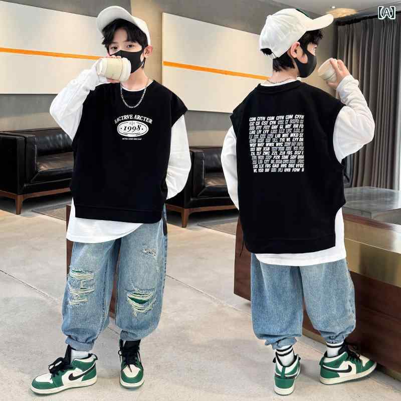 メンズ　ファッション　オシャレ　韓国 男子 ベスト 春秋 中型 大型 子供 アウターウェア 子供たち 長袖 Tシャツ スーツ