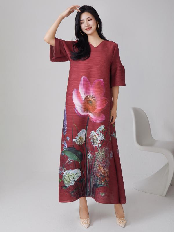 ワンピース レディース 春夏 高級感 レトロ 花柄 Vネック フレアスリーブ ロング Aライン スカート 大サイズ ポリエステル プリーツ デザイン ブラック ピンク系 ワインレッド 通勤用 デイリー フォーマル エレガント スタイル