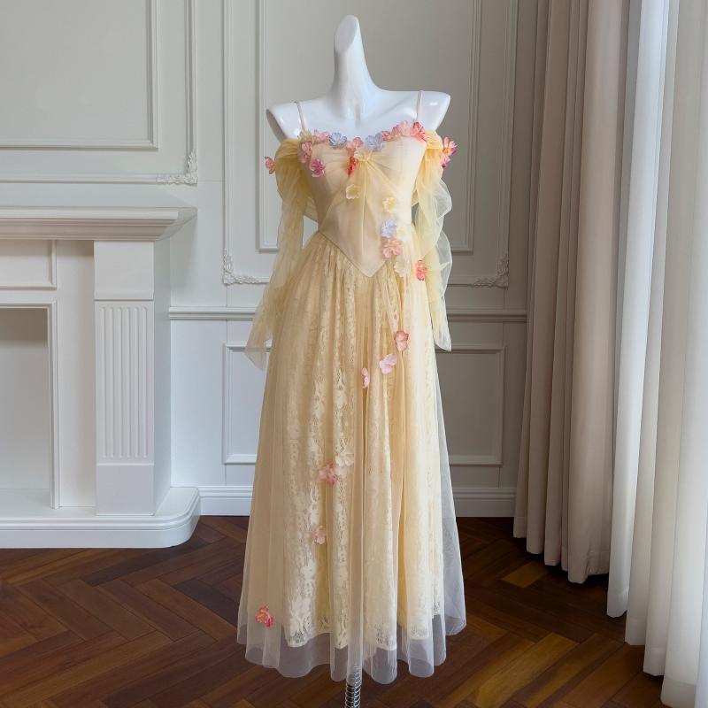ワンピース レディース ロング丈 Vネック 灯籠袖 長袖 収腰 スリム チュール 上品 プリンセス風 淡黄色 ポリエステル 秋冬 フェミニン スイート 日常使い