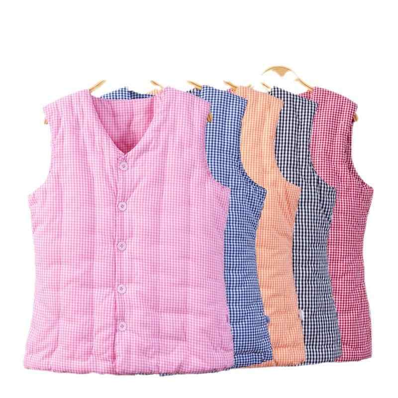ベスト レディース 女性用 秋冬 厚手 純綿 コットン 中綿入り 手作り ハンドメイド ルームウェア 室内着 アウター 外出着 前開き ノーカラー ストライプ チェック カジュアル