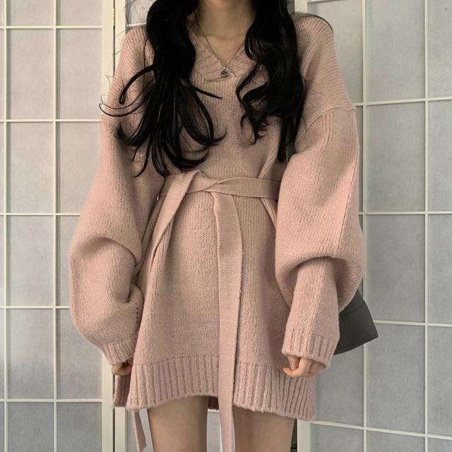 レディース ニットセーター ゆったり 長袖 中長丈 トップス シャツ セット カジュアル 日常使い 春 韓国風 ルーズフィット 公主袖 純色 シルク加工