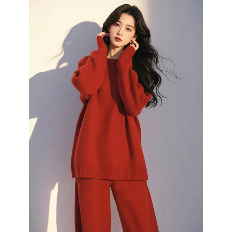 レディース カジュアル ニット ツーピース セット 無袖 ゆったり スタイル 韓国風 高級感 春夏 赤 黄色 伸縮性 シェニール 生地 接触冷感