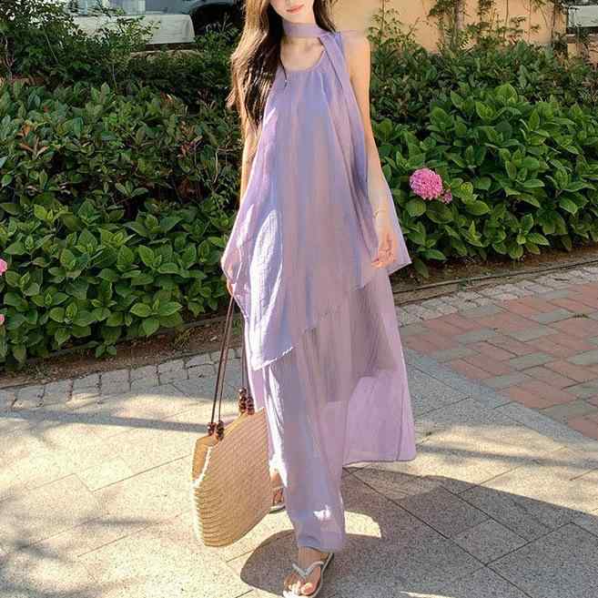 レディース ゆったり ノースリーブ トップス ロング キャミワンピース セット パープル リボン デザイン アシンメトリー デニム 切り替え ソリッドカラー 普段使い 都市 カジュアル