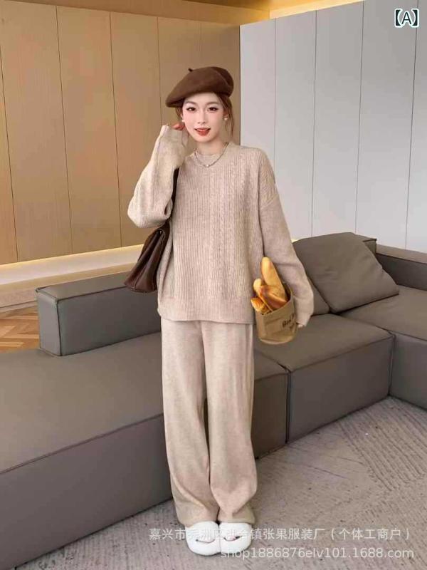 レディース 秋冬 ニットセーター ワイドパンツ セット ストライプ柄 コントラストカラー 快適素材 スリム見え 韓国風カジュアル ゆったりシルエット 長袖 パフスリーブ アクリル混紡 ノンアイロン 普段使い 軽量 伸縮性 カーキ ライトブルー ブラウン