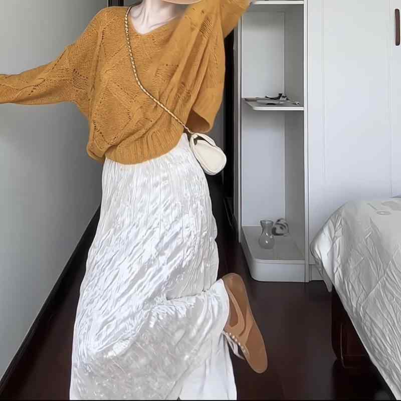 レディース ニットセーター 黄色 透け 菱形 模様 ゆったり リラックス スタイル 秋冬 トップス 伸縮性 プリンセス スリーブ 私服 ファッション 韓国系 コーデ 休? セット
