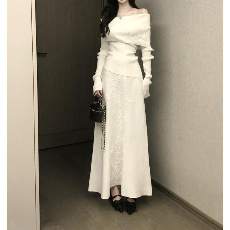 レディース 秋冬 オフショルダー ニット トップス ロング スカート セット ホワイト 痩せ見え 切り替え デザイン 柔らかい 合成繊維 スタイリッシュ 普段使い 無袖 シルエット