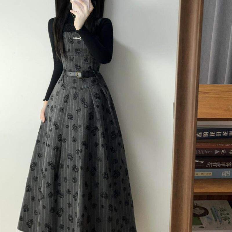 レディース 秋冬 フレンチ レトロ スリム キャミワンピース ロング 長袖インナー セット ポリエステル 切り替え デザイン 通勤用 エレガント シティスタイル