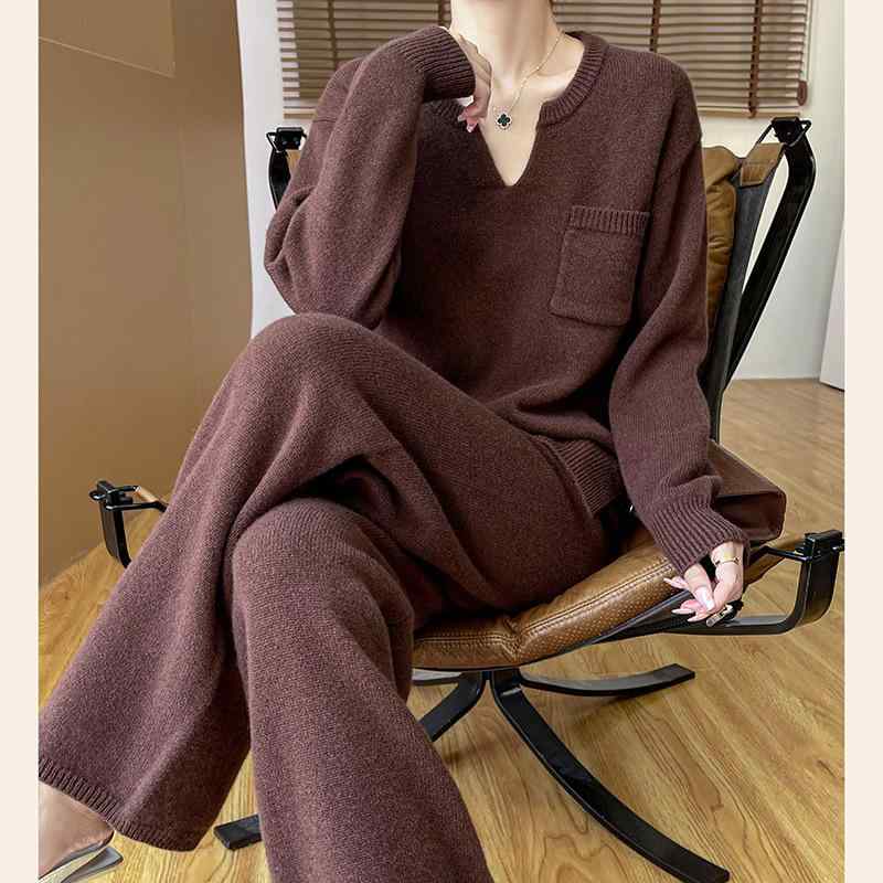 レディース ニット トップス ワイドパンツ セット 秋冬 Vネック ゆったり ストリート カジュアル 再生繊維 長袖 ロングパンツ ブラック グレー ブラウン ベージュ