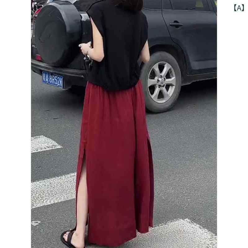 レディース ファッション　オシャレ　綺麗　大歳　上品 フランス ファッション ハイエンド スリット レッド スカート 夏 シンプル カジュアル ロング