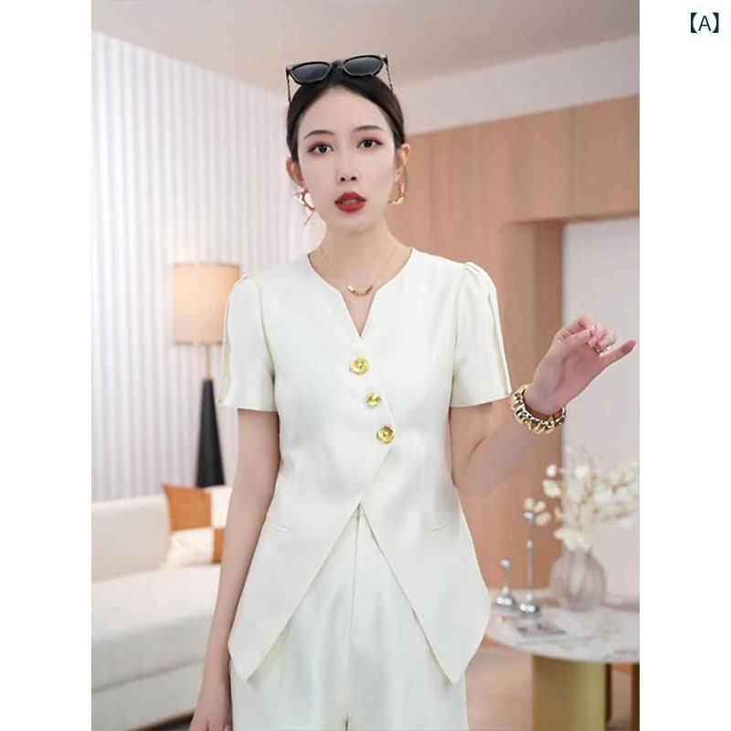 レディース ファッション　オシャレ　綺麗　大歳　上品 ライト 高級 ホワイト Vネック 半袖 シャツ 夏 通勤 ファッション トップス